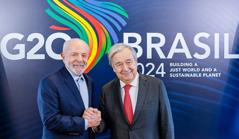 Presidente Lula e o secretário-geral da ONU, António Guterres, antes da cúpula do G20 no Rio de Janeiro
16/11/2024 Ricardo Stuckert/Presidência do Brasil/Divulgação via REUTERS