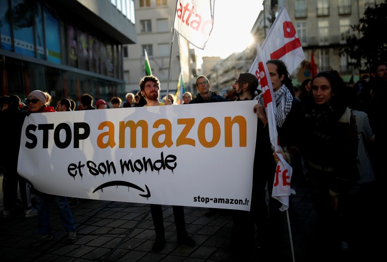 Protesto contra a Amazon em Nantes, França, 2019