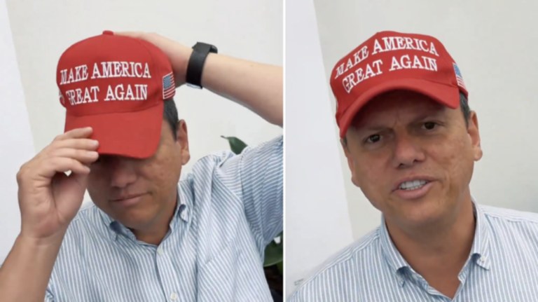 Tarcísio de Freitas usa boné com slogan da campanha de Donald Trump