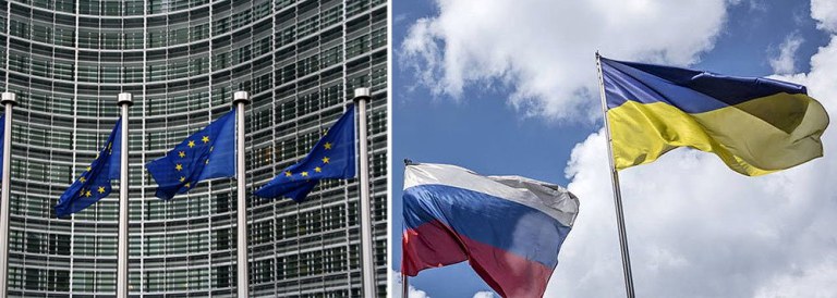 Bandeiras da União Europeia, Rússia e Ucrânia