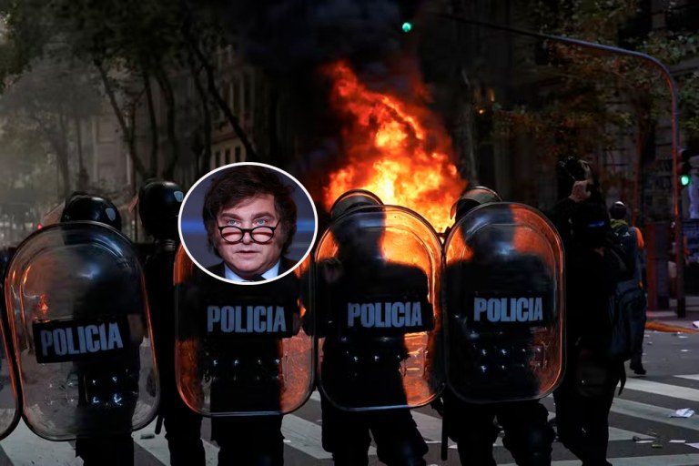 Javier Milei, policiais e um ato da população contra o governo argentino
