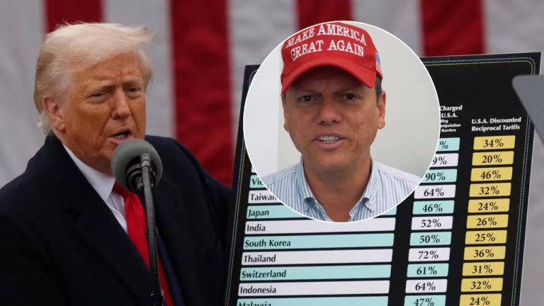 Donald Trump, apoiado pelo governador de São Paulo, Tarcísio de Freitas, anuncia tarifaço de 10% sobre exportações brasileiras.