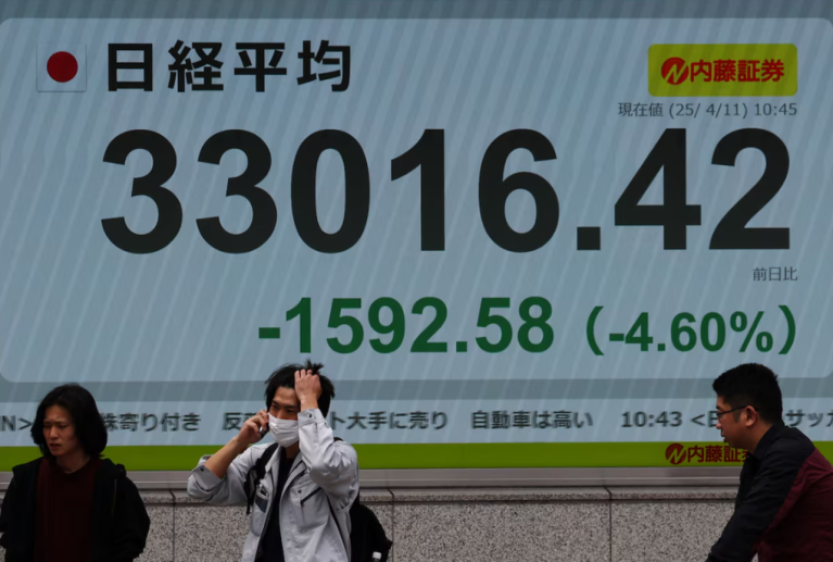 Pessoas passam por uma tela eletrônica exibindo a média das ações Nikkei do Japão do lado de fora de uma corretora em Tóquio, Japão, em 11 de abril de 2025. REUTERS/Kim Kyung-Hoon