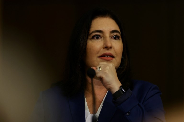 Ministra do Planejamento e Orçamento, Simone Tebet, em cerimônia no Banco Central, em Brasília - 02/04/2025