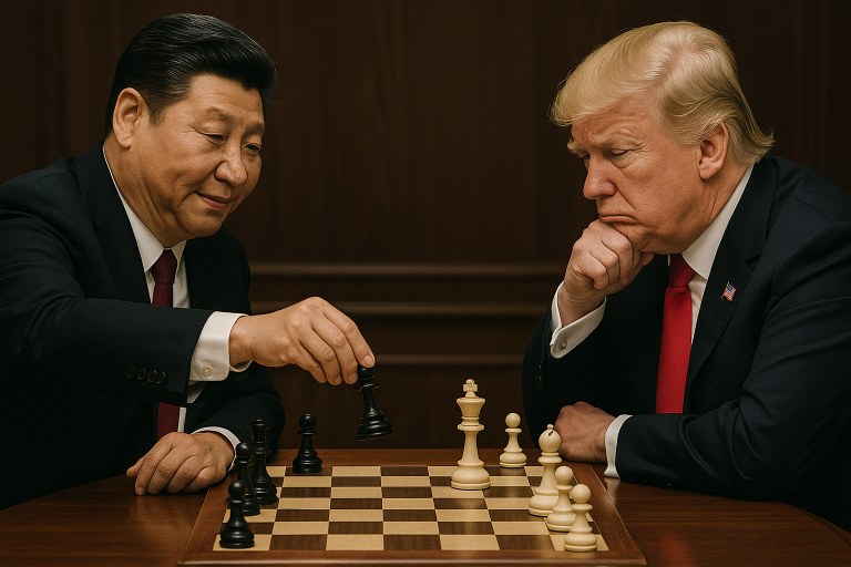 Simulação de Xi Jinping jogando xadrez contra Donald Trump