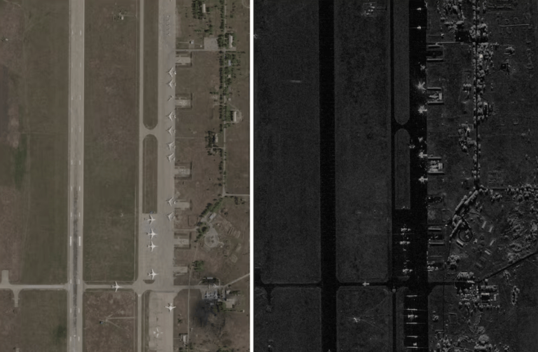Uma imagem combinada mostra imagens de satélite do campo de aviação de Belaya, antes e depois do ataque de drones ucranianos contra campos de aviação militares russos, em meio à invasão russa da Ucrânia, na região de Irkutsk, Rússia, em 17 de maio de 2025 à esquerda e em 2 de junho de 2025 à direita