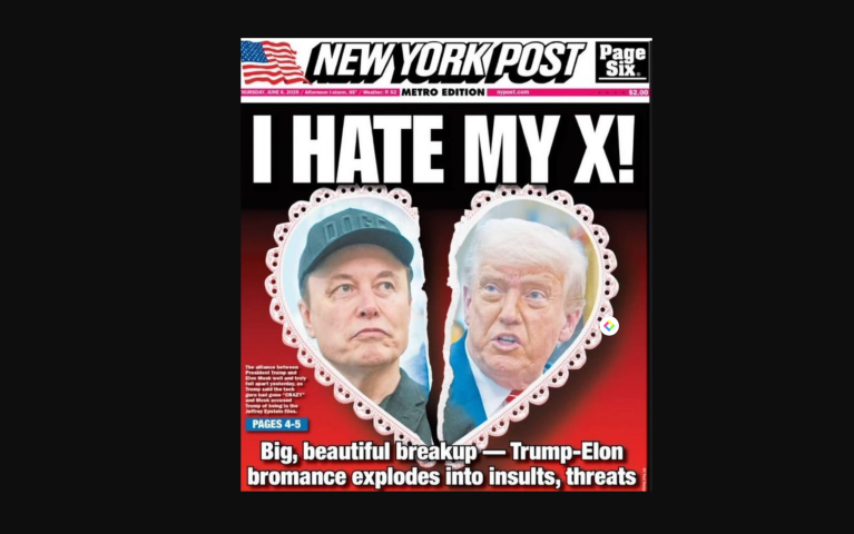 O rompimento entre Musk e Trump na capa do New York Post