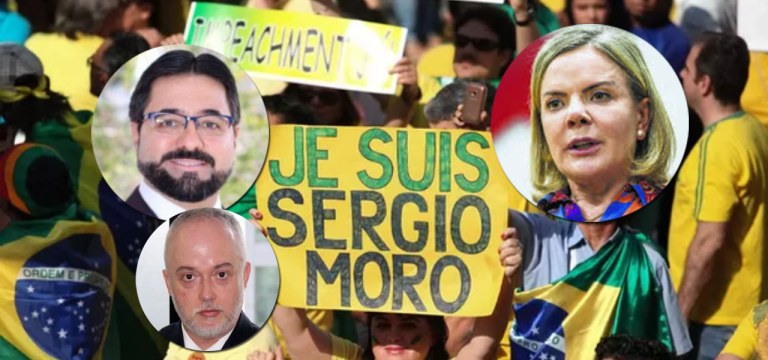 Gleisi Hoffmann e Guilherme Gonçalves, perseguidos por Carlos Fernando e equipe na semana em que organizações de extrema direita organizavam manifesações contra Dilma Rousseff
