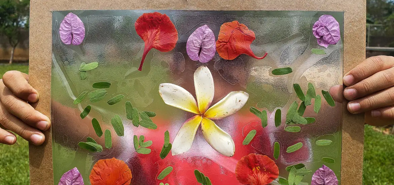 Criança exibe quadro de flores