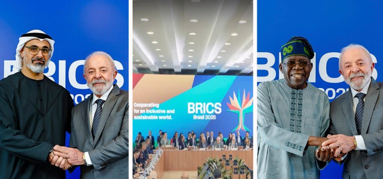 Príncipe Herdeiro de Abu Dhabi, Xeique Khaled bin Mohamed bin Zayed Al Nahyan, o presidente da República, Luiz Inácio Lula da Silva, evento do BRICS no Rio e o presidente da Nigéria, Bola Ahmed Tinubu