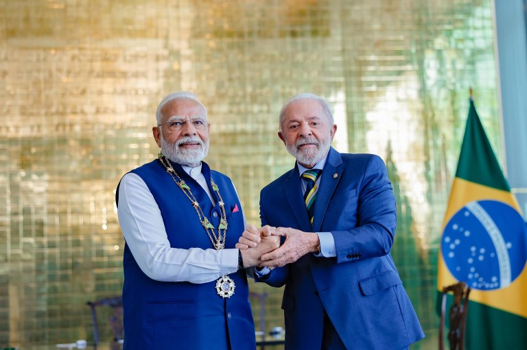 Presidente da República, Luiz Inácio Lula da Silva, durante condecoração do primeiro-ministro da Índia, Narendra Modi, com o Grande Colar da Ordem Nacional do Cruzeiro do Sul, no grau de Grã-Cruz. Palácio da Alvorara, em Brasília - 08/07/2025