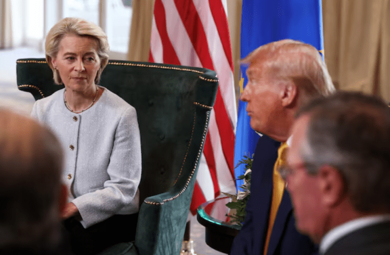 European Commission President Ursula von der Leyen sits with U.S. President Donald Trump, after the announcement of a trade deal between the U.S. and EU, in Turnberry, Scotland, Britain, July 27, 2025