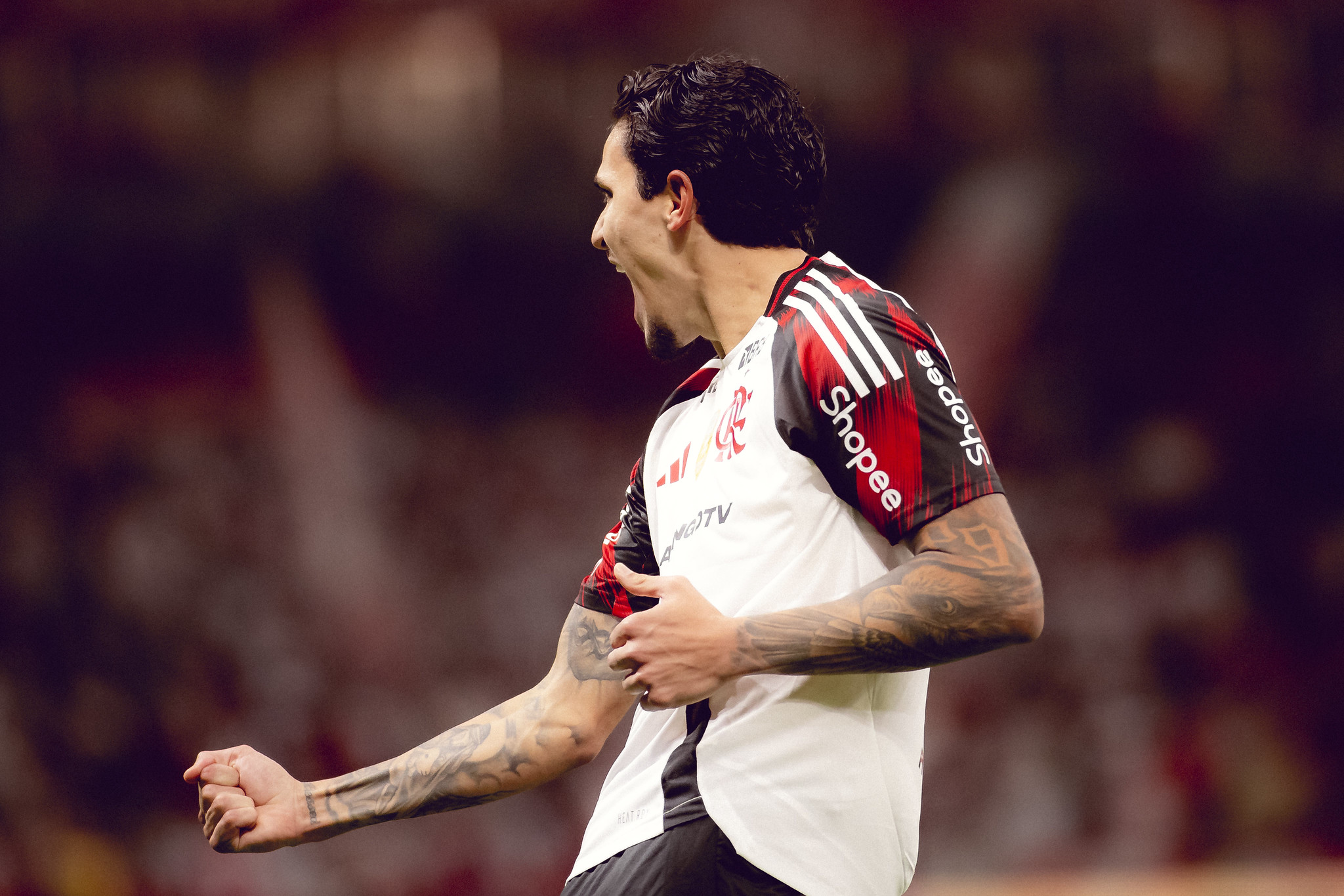 O atacante Pedro comemora gol contra o Internacional, em Porto Alegre, em partida válida pelo Brasileirão - 17/08/2025