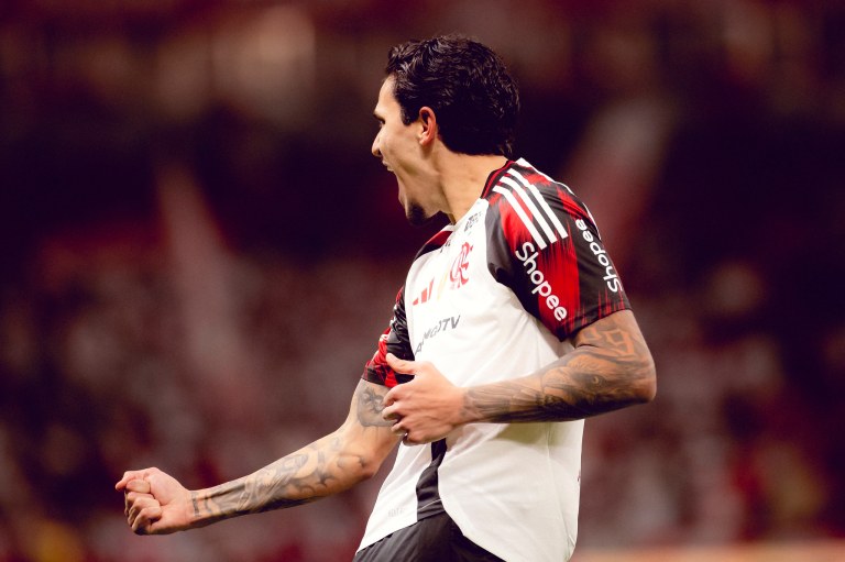 O atacante Pedro comemora gol contra o Internacional, em Porto Alegre, em partida válida pelo Brasileirão - 17/08/2025