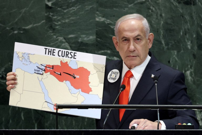 O primeiro-ministro de Israel, Benjamin Netanyahu, em discurso na Assembleia Geral da ONU, em Nova York, EUA - 26/9/2025