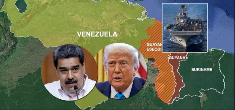 Nicolás Maduro, Donald Trump, navio anfíbio USS Iwo Jima navegando no mar do Caribe e o mapa da América do Sul ao fundo