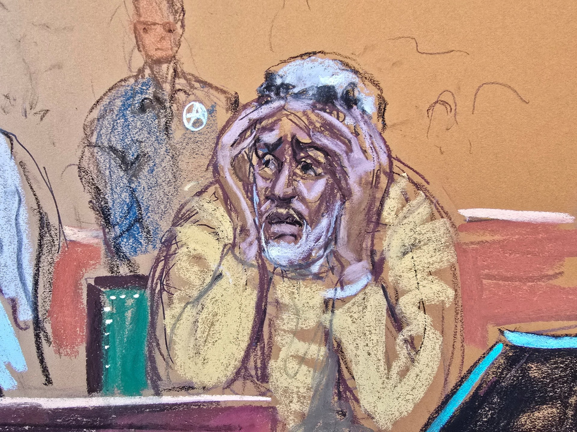 Sean "Diddy" Combs se emociona durante audiência de sua sentença, em um esboço do tribunal - 03/10/2025