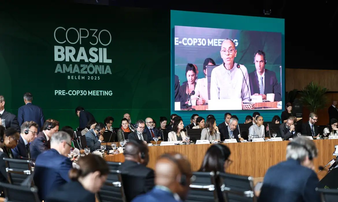 A ministra do Meio Ambiente e Mudança do Clima, Marina Silva, discursa por videoconferência em reunião da Pré-COP