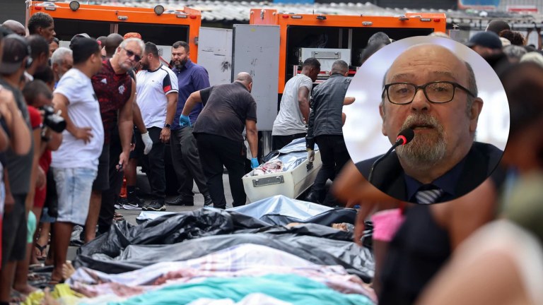 Montagem com foto de mortos em operação policial no Rio de Janeiro e Luiz Eduardo Soares