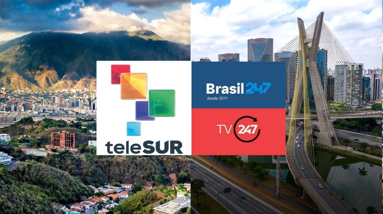 As marcas do Brasil 247 e da Telesur, com São Paulo e Caracas ao fundo