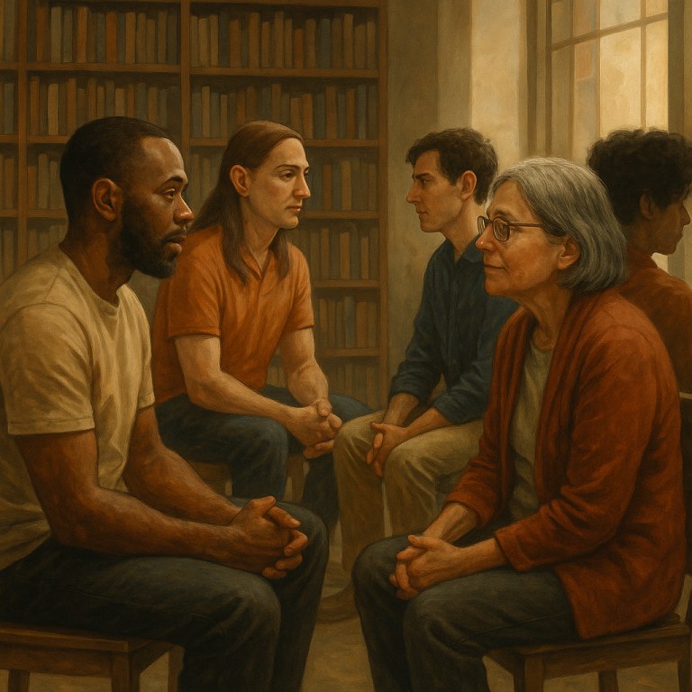 Pessoas de diferentes origens conversam frente a frente em um ambiente de biblioteca, iluminado por luz natural