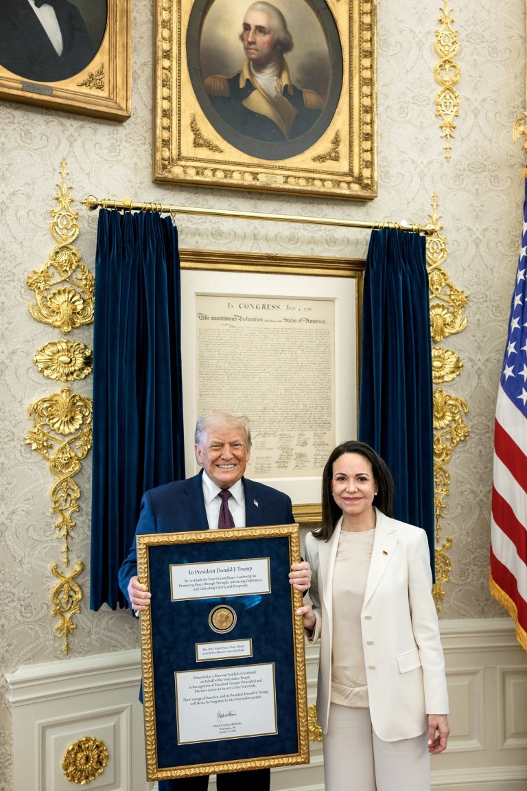 Donald Trump e María Corina Machado na Casa Branca - 15 de janeiro de 2026
