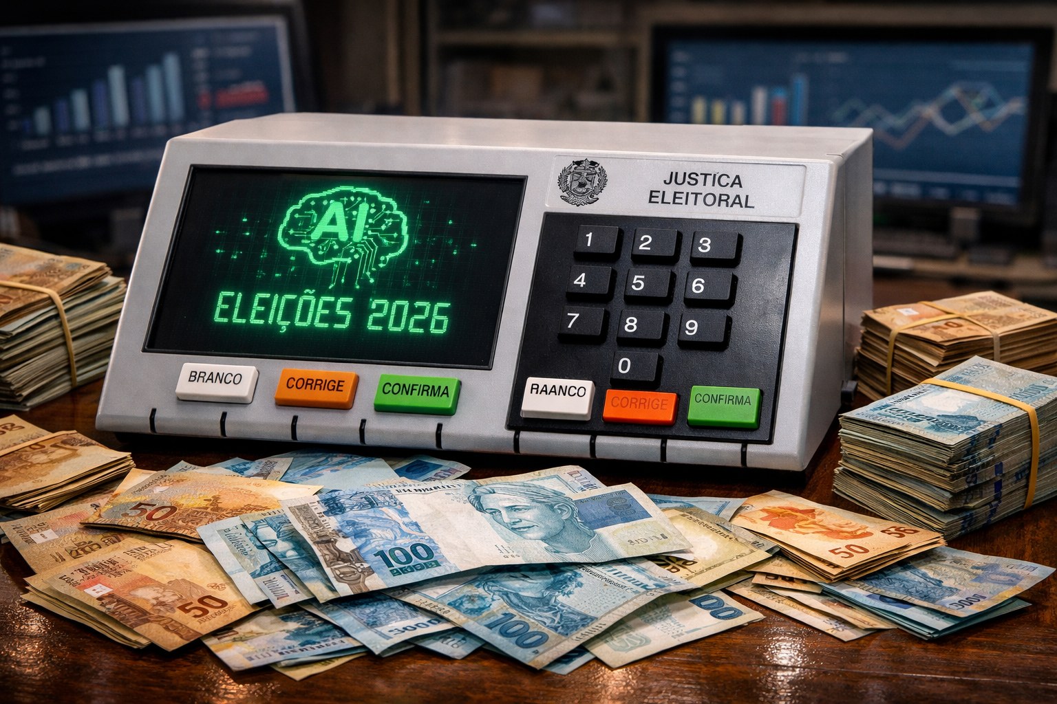 Representação de urna eletrônica cercada por dinheiro