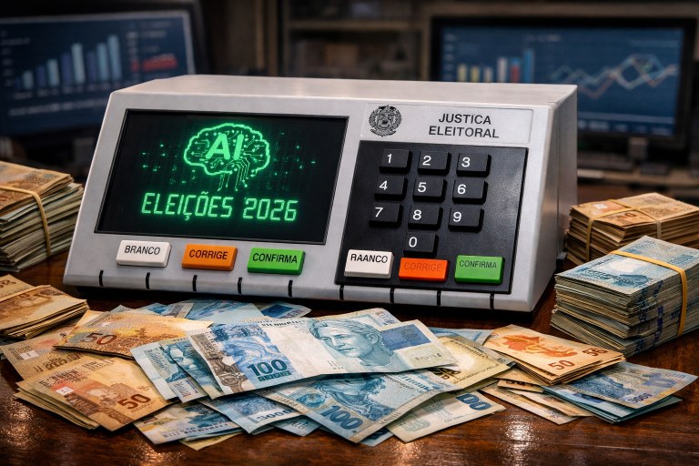 Representação de urna eletrônica cercada por dinheiro
