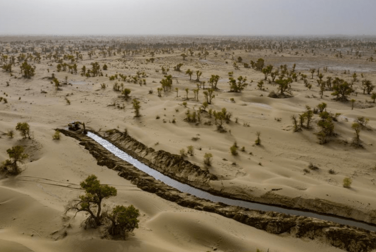 Foto aérea tirada por drone em 19 de setembro de 2025 mostra canal ecológico artificialmente escavado para desvio de enchentes e reabastecimento de água no Deserto de Taklimakan, no Condado de Yuli, Prefeitura Autônoma Mongol de Bayingolin, Região Autônoma Uigur de Xinjiang, noroeste da China.