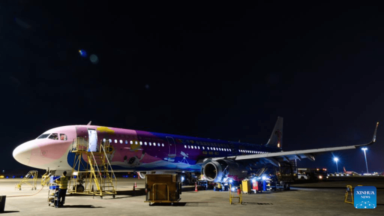 Técnicos fazem manutenção em avião temático da Exposição Internacional de Produtos de Consumo da China em Haikou