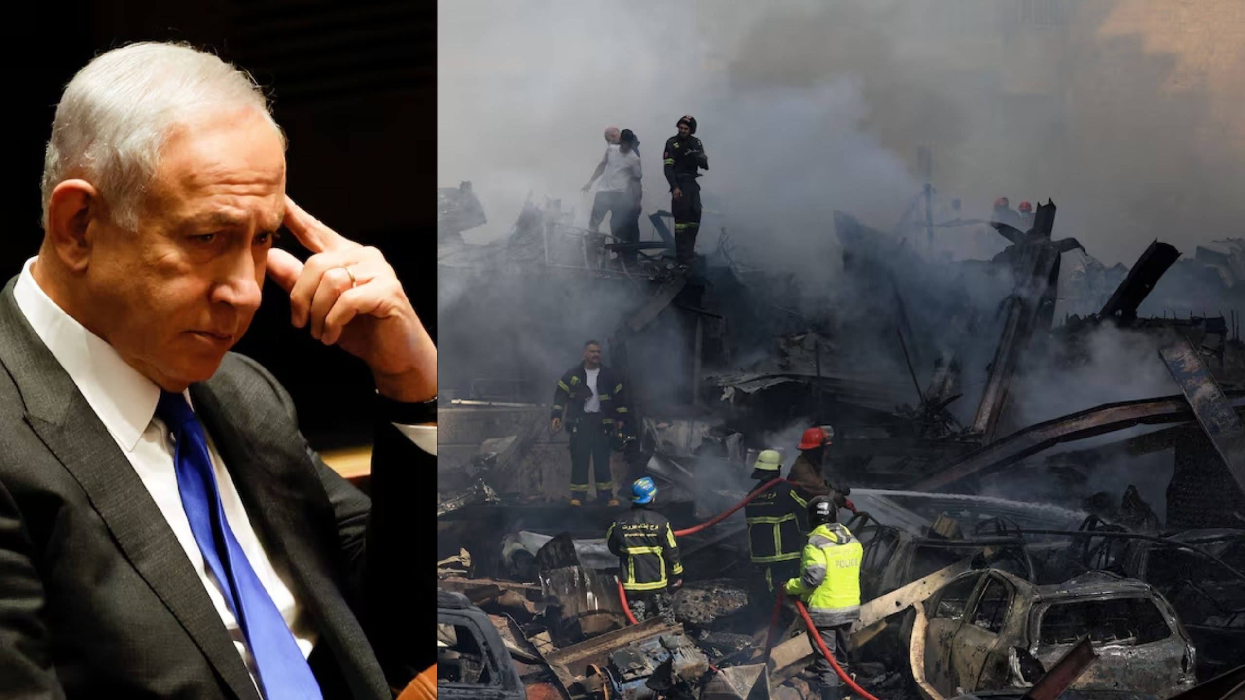 Benjamin Netanyahu e destroços em Beirute, Líbano