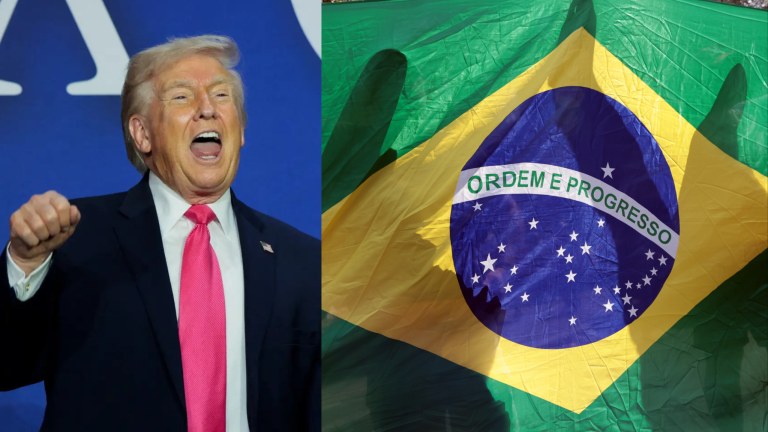 Montagem de Donald Trump ao lado de bandeira do Brasil