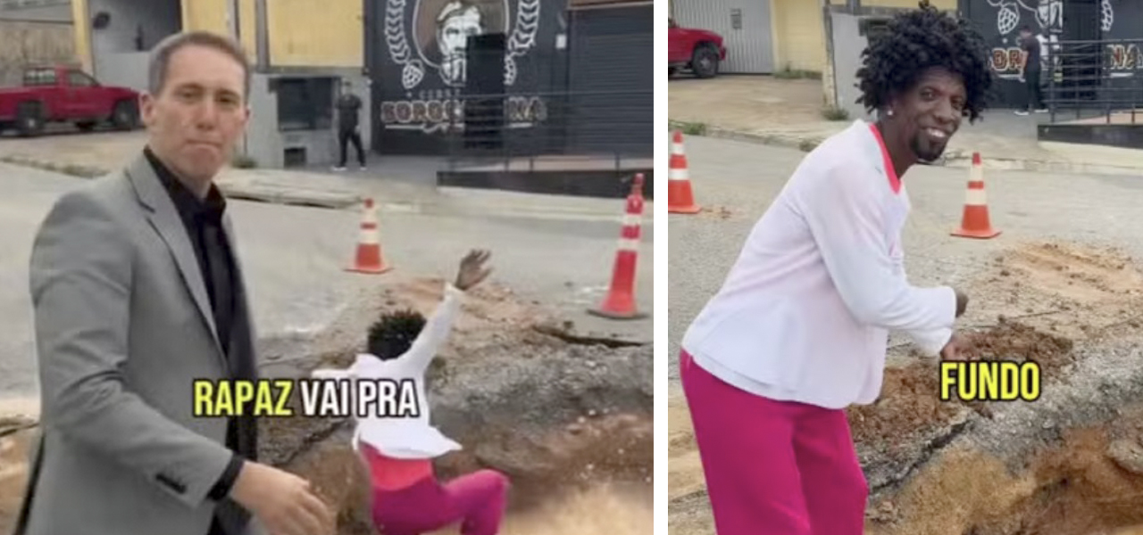 Rodrigo Manga (de terno) e o cenário criado em vídeo