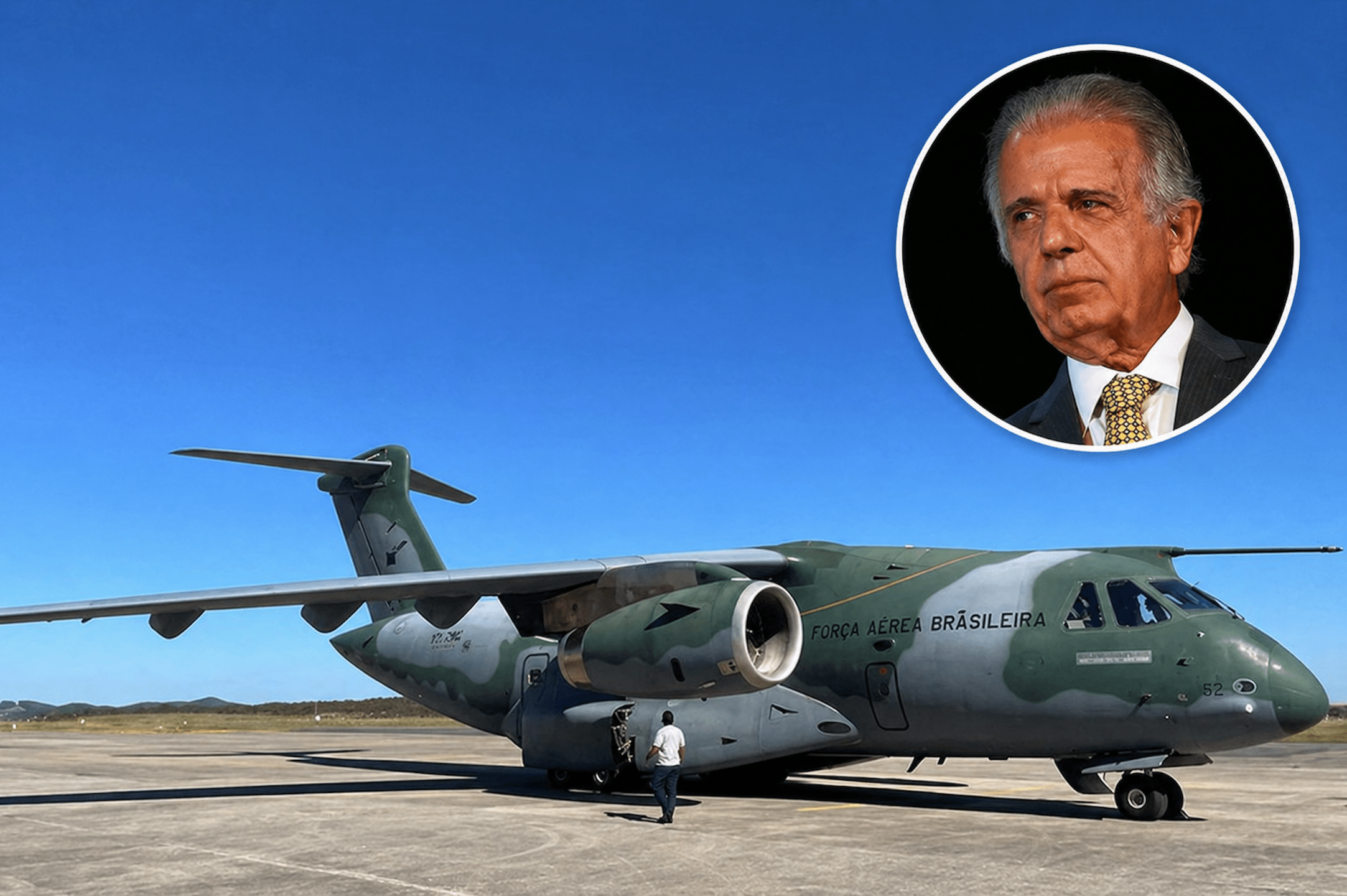Cargueiro militar KC 390 e ministro da Defesa, José Múcio