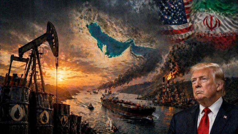 Estreito de Ormuz, Donald Trump, bandeiras dos EUA e dos Emirados Árabes Unidos
