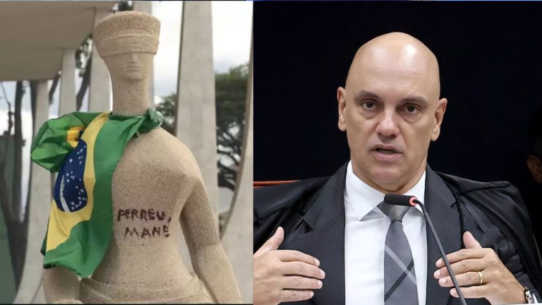 Estátua do STF 'A Justiça' vandalizada no 8 de Janeiro de 2023 - Ministro Alexandre de Moraes