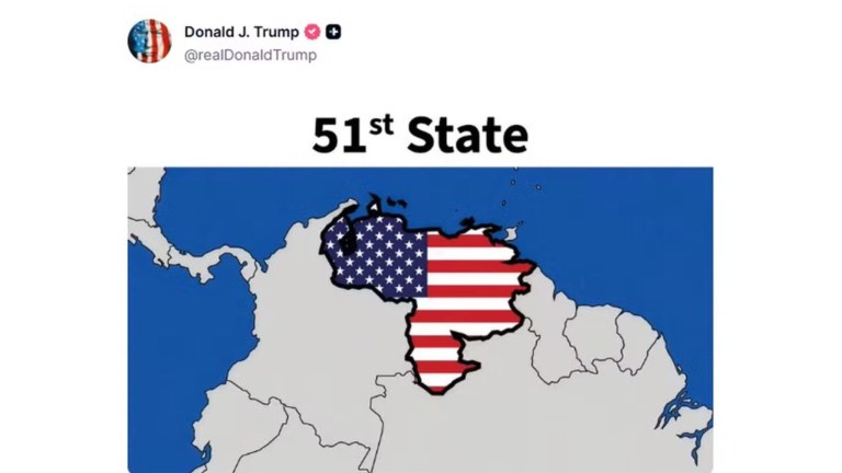 Trump publica imagem da Venezuela sob a bandeira dos EUA e a frase “51º estado”