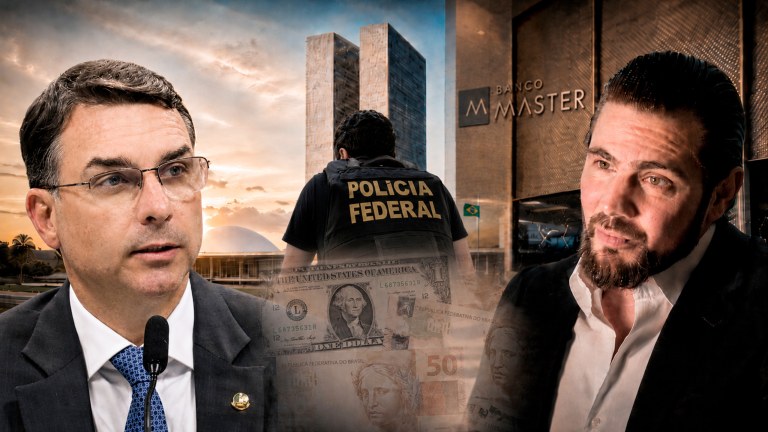 Flávio Bolsonaro, agente da PF, Daniel Vorcaro e, ao fundo, Congresso e Banco Master