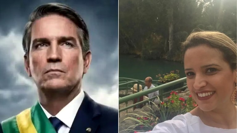 Ator Jim Caviezel, que interpreta Jair Bolsonaro no longa "Dark Horse", e Karina Ferreira da Gama, produtora do filme