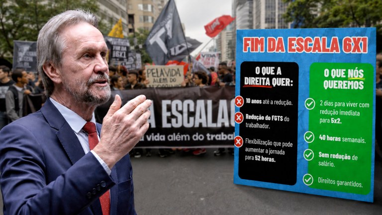 Pedro Uczai, uma espécie de cartaz postado pelo deputado nas redes sociais e um protesto pelo fim da escala 6x1 no Brasil