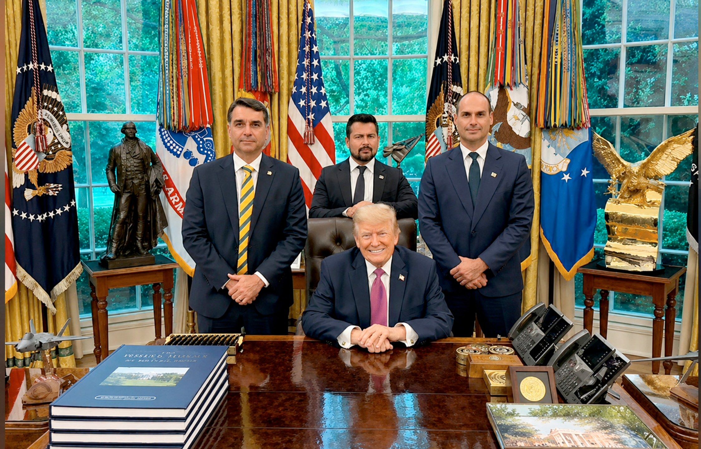 Flávio Bolsonaro, Paulo Figueiredo, Eduardo Bolsonaro e Donald Trump