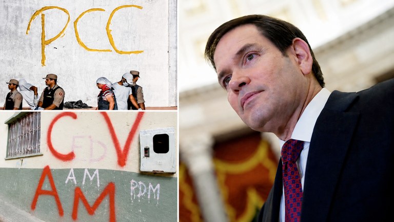 Marco Rubio, e membros da facção Primeiro Comando da Capital, e a sigla do Comando Vermelho