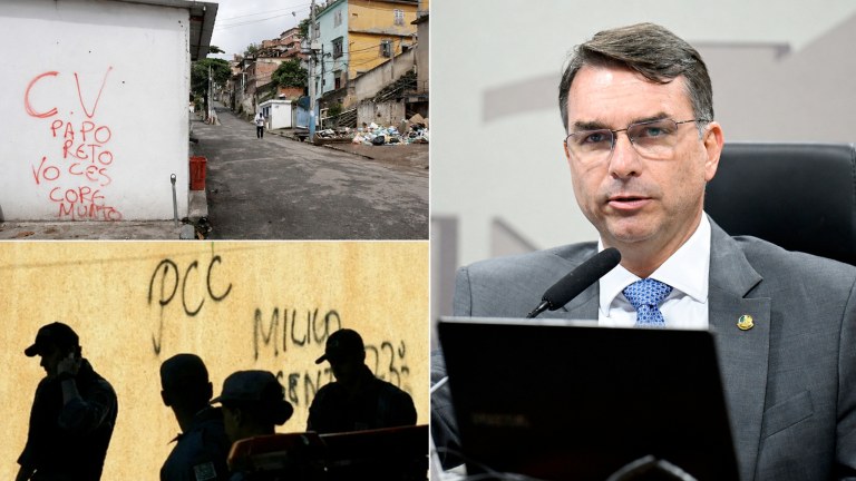 Siglas da facções Comando Vermelho, Primeiro Comando da Capital e Flávio Bolsonaro