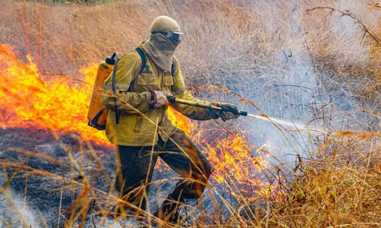 Agente combatendo incêndio