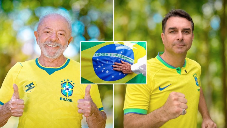 Lula, Flávio Bolsonaro e a mão do atual presidente da República em cima da bandeira brasileira