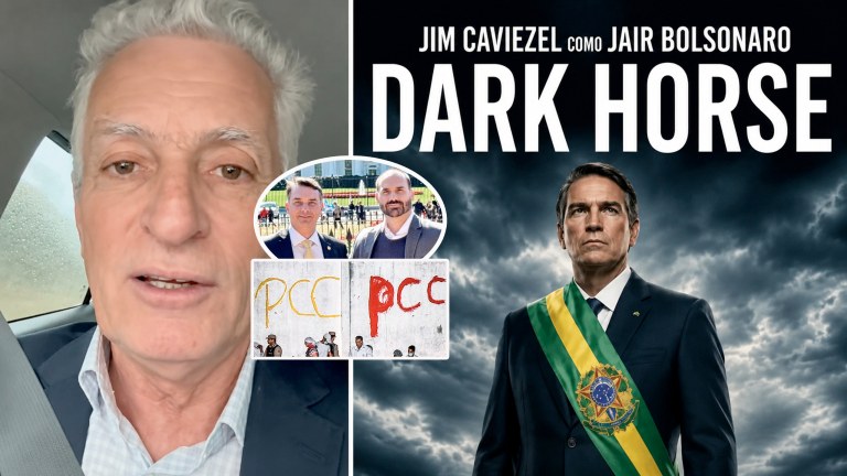 Rogério Correia, sigla do Primeiro Comando da Capital, ator Jim Caviezel, que interpreta Jair Bolsonaro no filme Dark Horse, e Flávio Bolsonaro e Eduardo Bolsonaro nos EUA