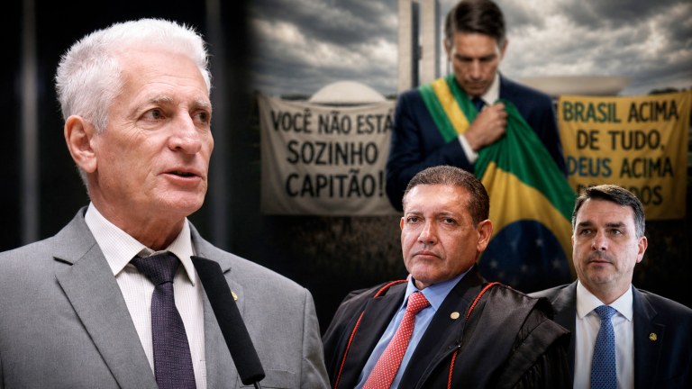 Rogério Correia, Nunes Marques, Flávio Bolsonaro e, ao fundo, cena do filme Dark Horse, com o ator Jim Caviezel interpretando Jair Bolsonaro