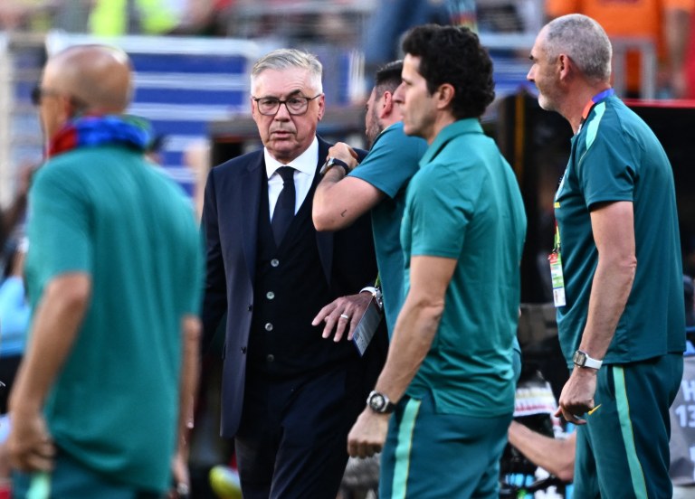 O técnico do Brasil, Carlo Ancelotti, reage após o gol de Vinicius Jr.
13 de junho de 2026 REUTERS/Dylan Martinez