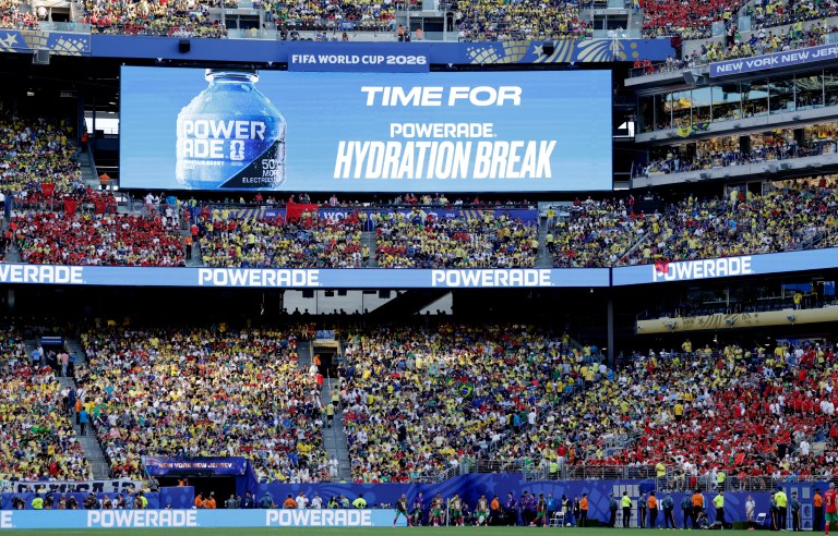 Vista geral de telão durante intervalo para hidratação no Estádio de Nova York/Nova Jersey, East Rutherford, Nova Jersey, EUA 
13 de junho de 2026