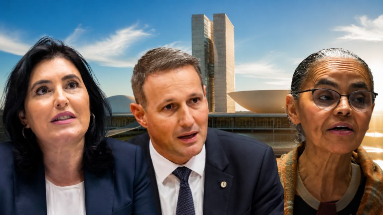 Simone Tebet, Guilherme Derrite e Marina Silva